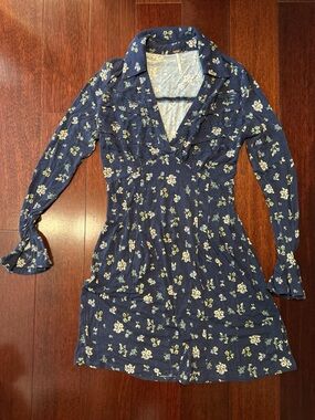 Free People Navy Floral V-Neck Long Sleeve Mini Dress with bell sleeves
